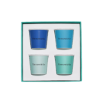 Set of four Tiffany & Co. votive candles in blue, light blue, pale mint, and teal in a turquoise gift box.