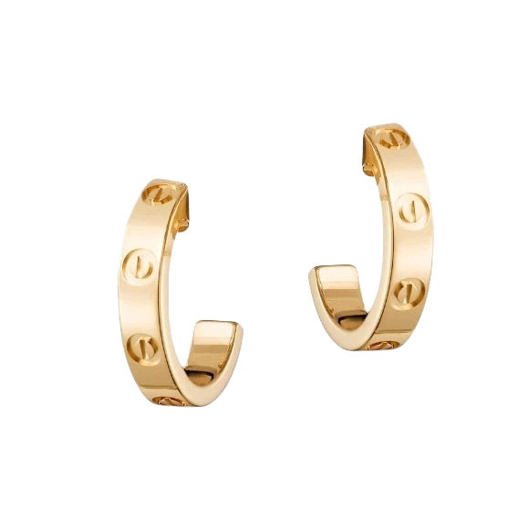 Gold hoop earrings with screw-detailed design floating on black background.