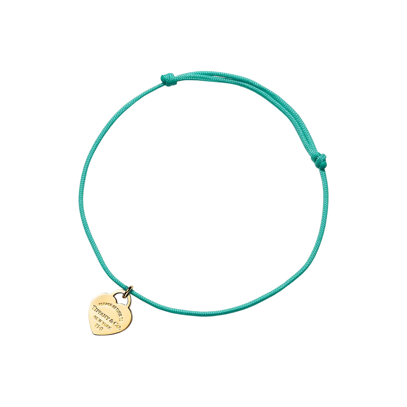 Teal cord bracelet with a small gold heart charm hanging from it, against a black background on a circular cord with knots near the ends.