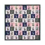 Quilt-like textile with a repeating vase-and-bird motif on pastel squares in pink, blue, and green bordered by a teal edge.