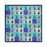 Colorful checkerboard quilt pattern with a bird-on-jar motif in each square and a blue-spiked border on black background.