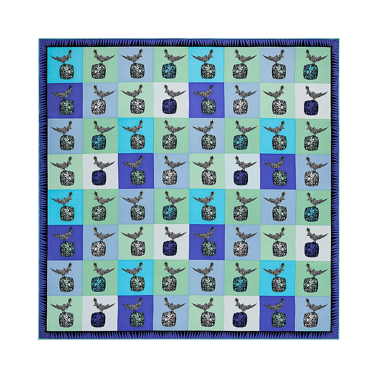 Colorful checkerboard quilt pattern with a bird-on-jar motif in each square and a blue-spiked border on black background.