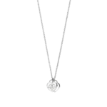 Silver chain necklace with two overlapping heart pendants, one engraved, hanging against a black background