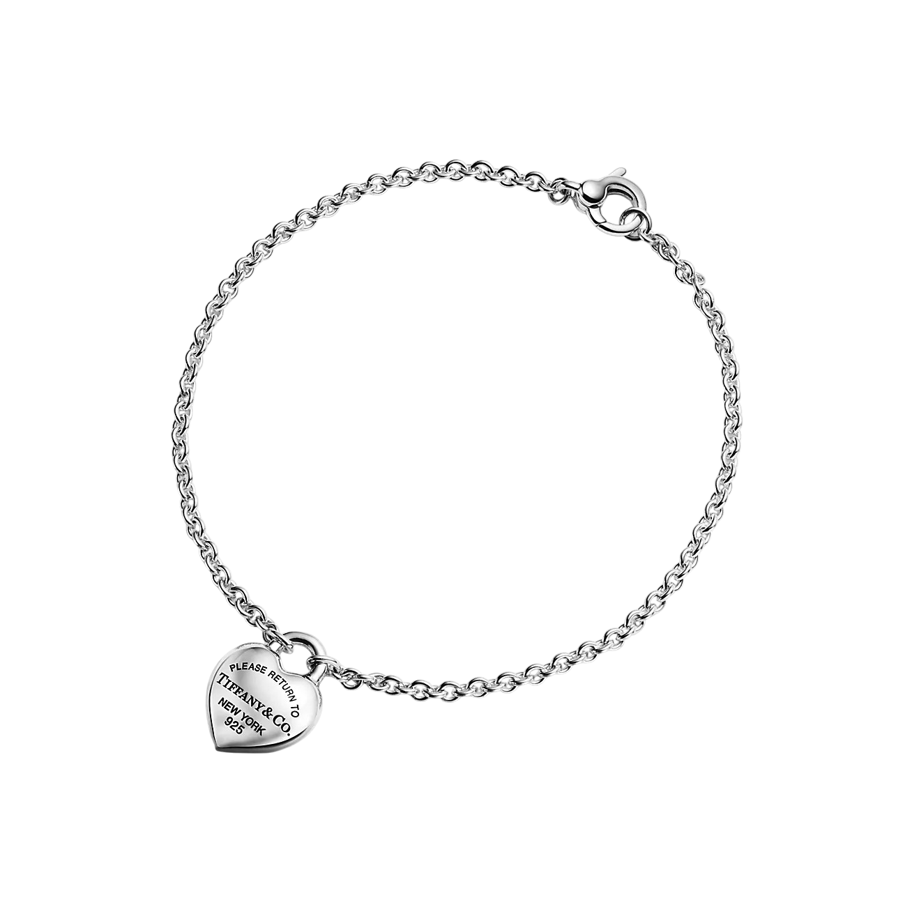 Silver heart‑shaped pendant bracelet on a black background, engraved with "Please return to Tiffany & Co. New York 925"