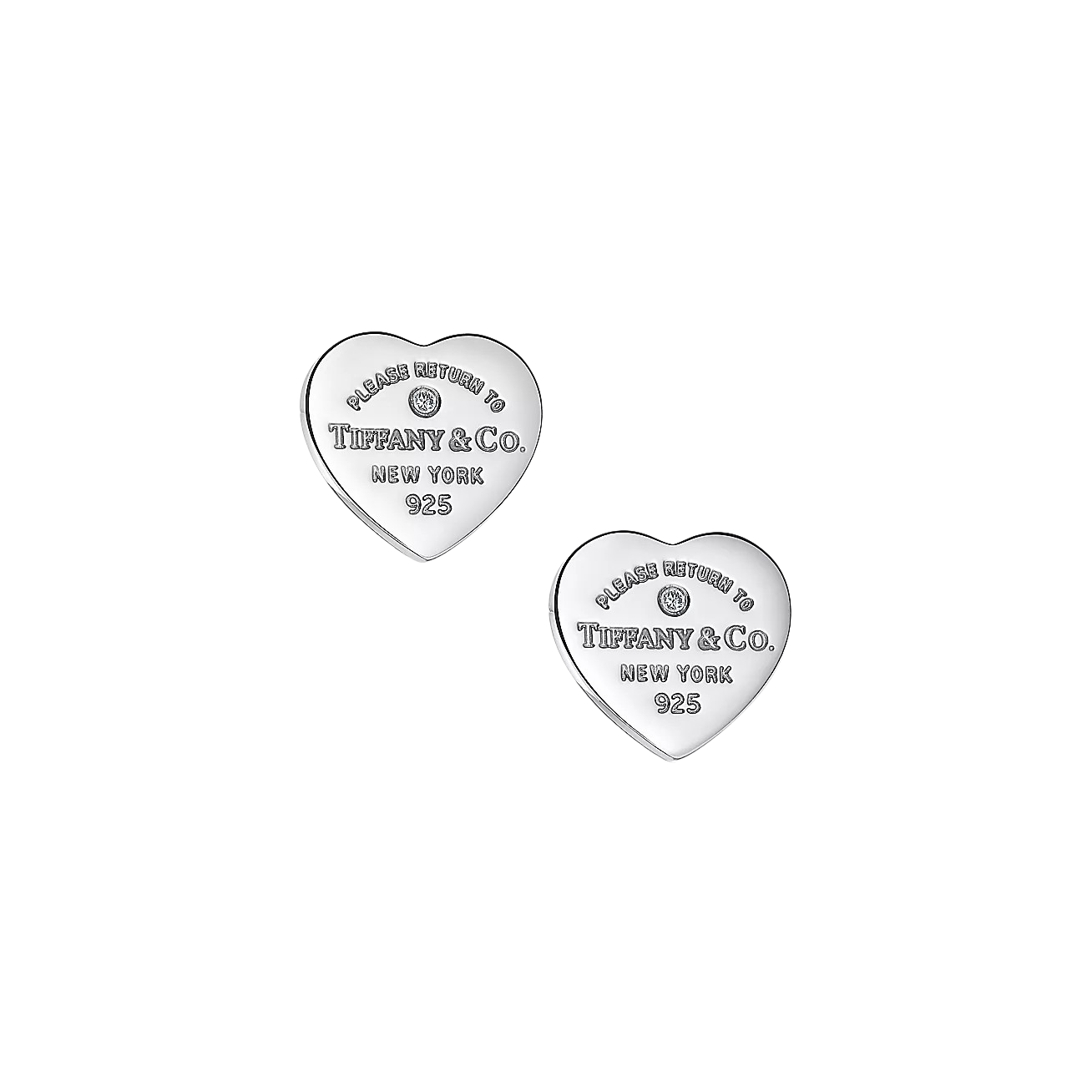 Two silver heart-shaped charms engraved with 'Please return to Tiffany & Co. New York 925'.