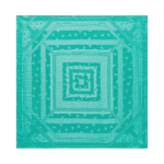 Teal geometric pattern with nested squares forming a spiral-like design, centered and bordered by lighter bands and small decorative marks.