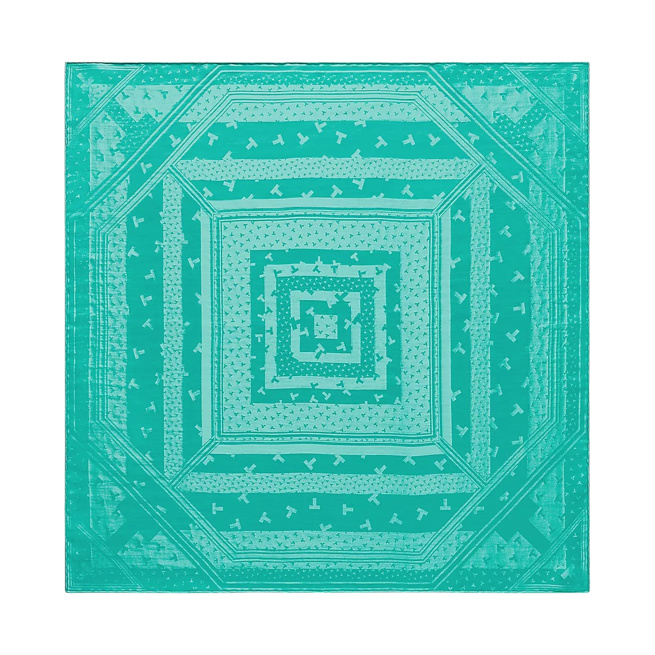 Teal geometric pattern with nested squares forming a spiral-like design, centered and bordered by lighter bands and small decorative marks.
