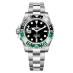 Rolex GMT-Master II watch with black dial, green 24-hour bezel, and stainless steel Oyster bracelet on black background.