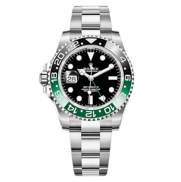 Rolex GMT-Master II watch with black dial, green 24-hour bezel, and stainless steel Oyster bracelet on black background.