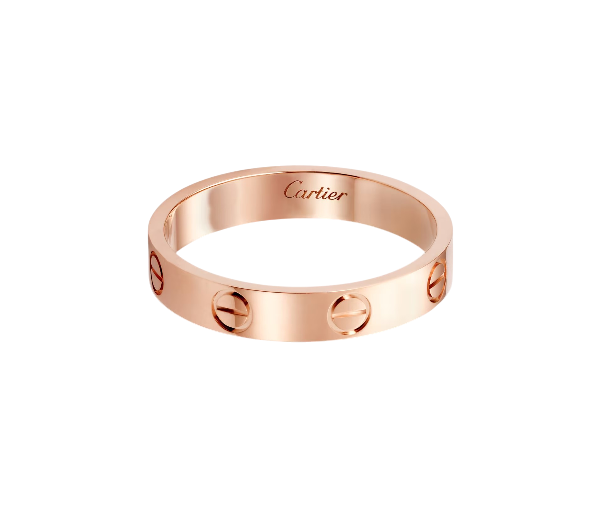 Rose-gold Cartier Love ring with signature screw motifs around the band, on a black background.