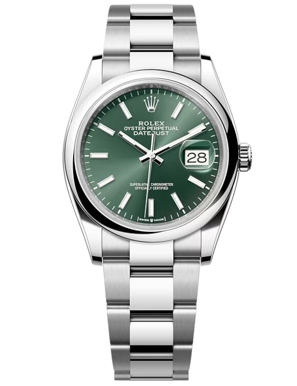 Rolex Oyster Perpetual Datejust wristwatch with a green dial, silver markers, and a date window at 3 o'clock on a stainless steel bracelet.
