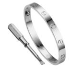 Cartier Love bracelet with a small screwdriver, shown in silver on a black background