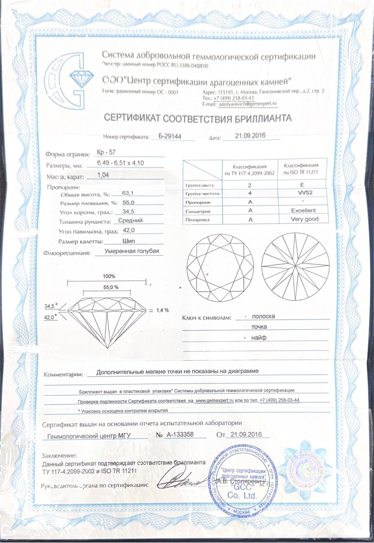 Кольцо с бриллиантом 1,04ct