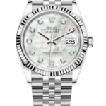 Rolex Oyster Perpetual Datejust with diamond hour markers, mother-of-pearl dial, fluted bezel, and Jubilee bracelet.