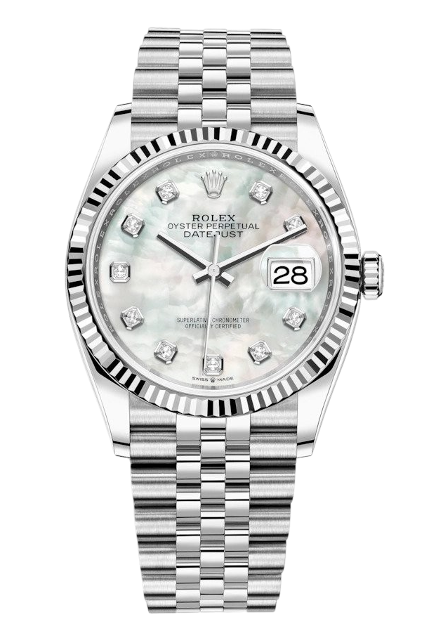 Rolex Oyster Perpetual Datejust with diamond hour markers, mother-of-pearl dial, fluted bezel, and Jubilee bracelet.