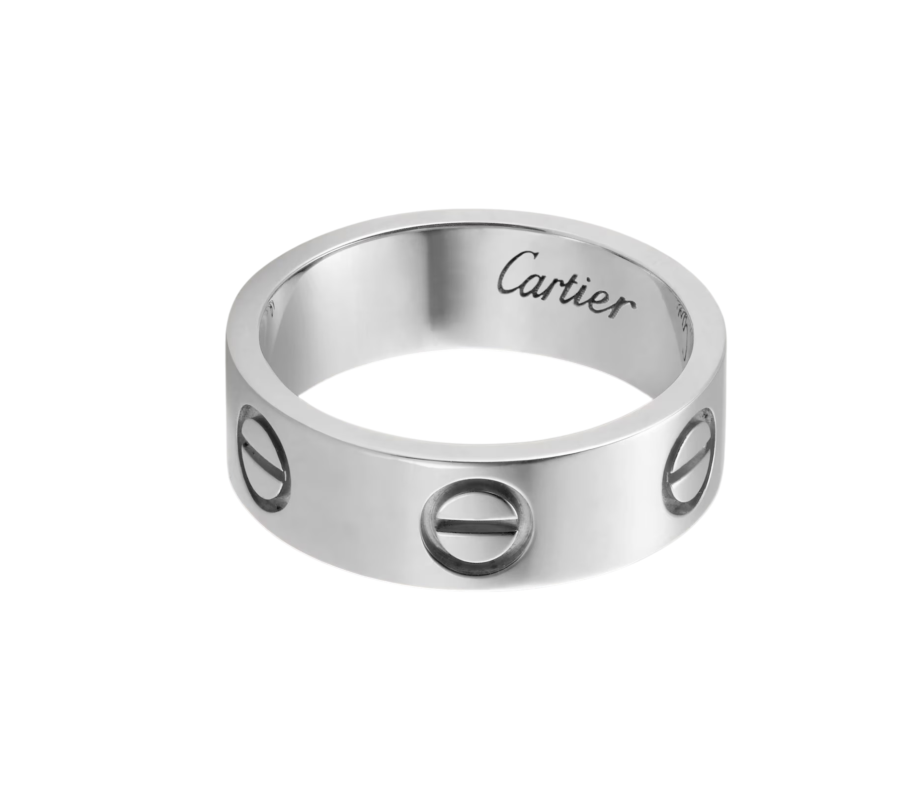 Close-up of a silver ring with 'Cartier' engraved on the inner rim, showing circular cutouts on the band.