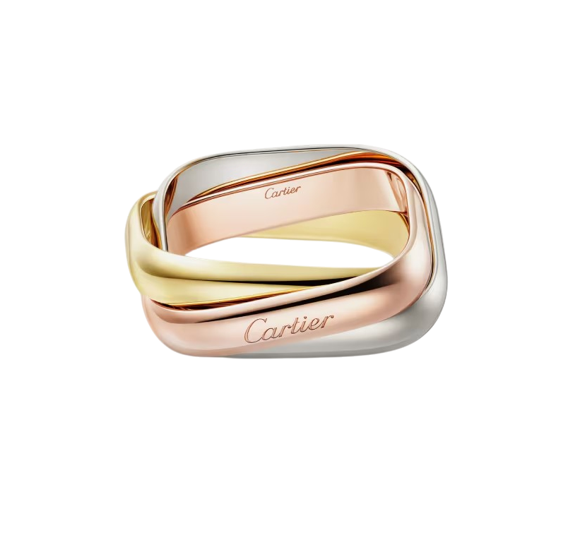 Intertwined tri-color gold rings (yellow, rose, and white gold) by Cartier.