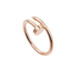 Rose gold open-ended ring with a small cylindrical accent, isolated on a black background, minimalist jewelry.
