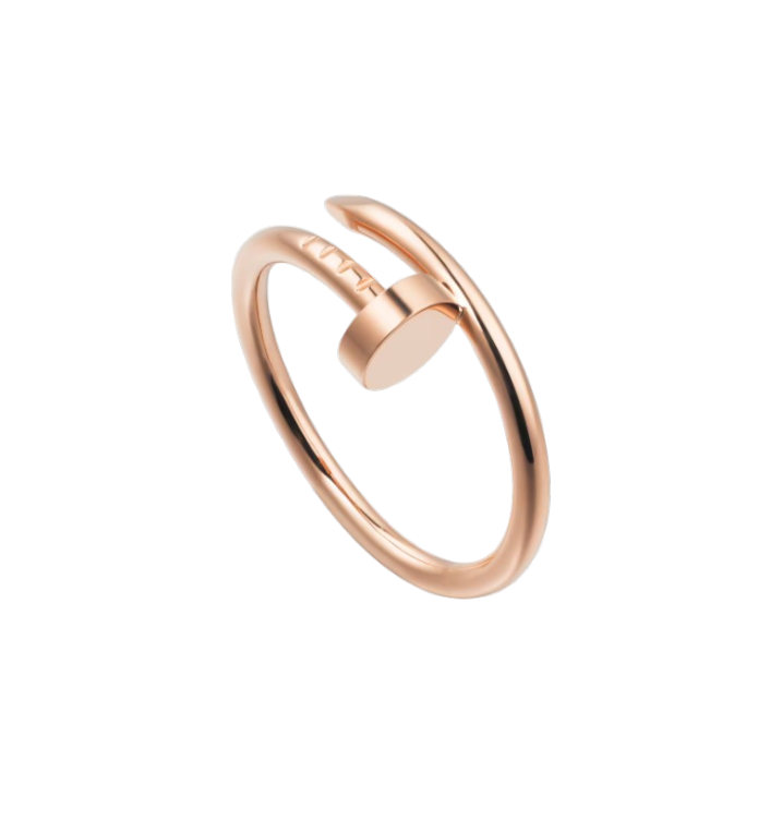 Rose gold open-ended ring with a small cylindrical accent, isolated on a black background, minimalist jewelry.