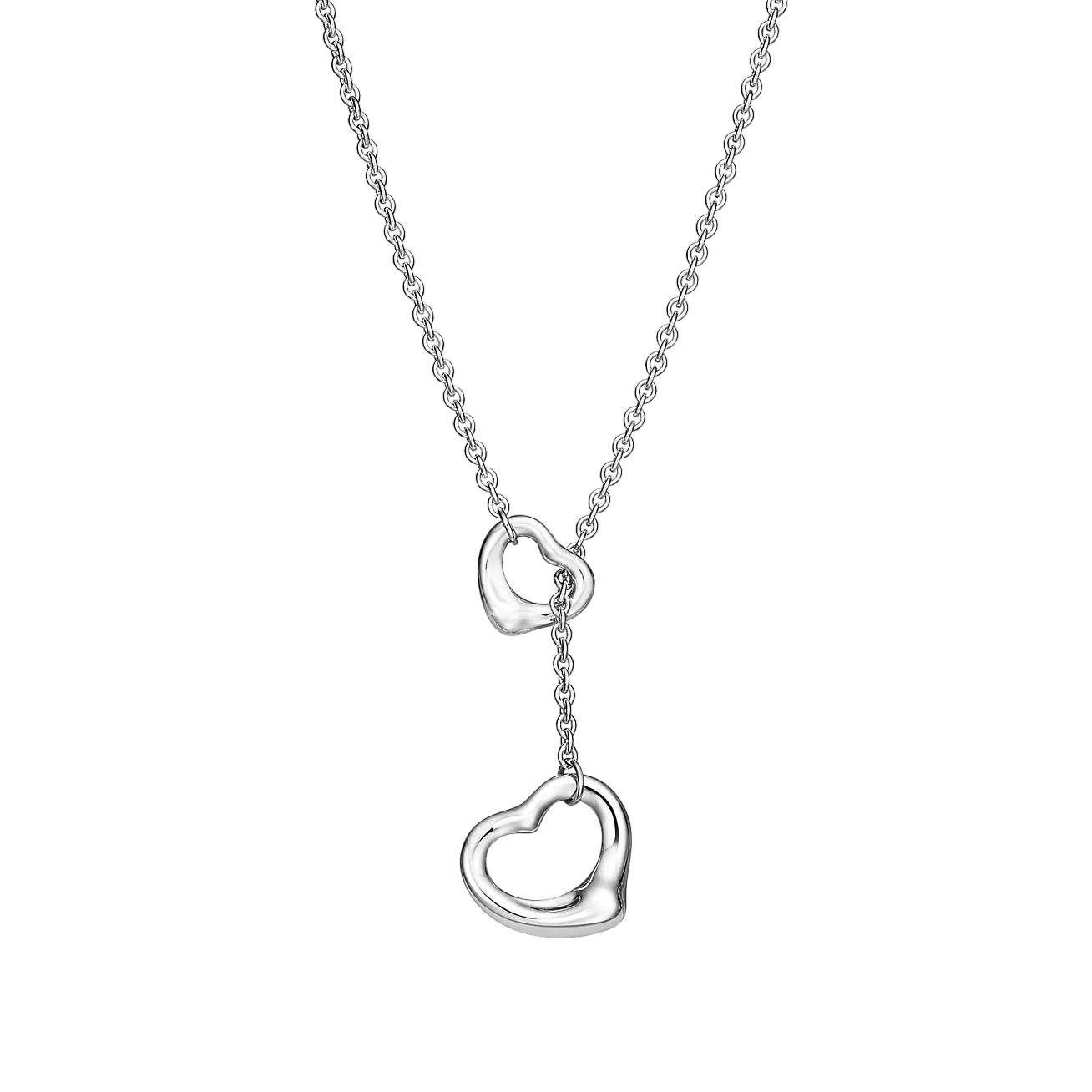 Silver chain necklace with a heart‑shaped pendant and a dangling smaller heart charm against a black background (y‑shape design).