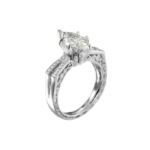 Engagement ring with a large pear-cut center diamond and pavé diamonds along a split white-gold band.