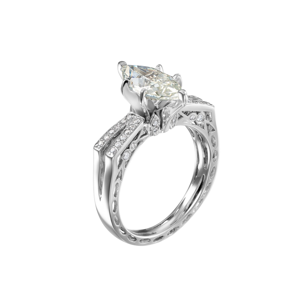 Engagement ring with a large pear-cut center diamond and pavé diamonds along a split white-gold band.