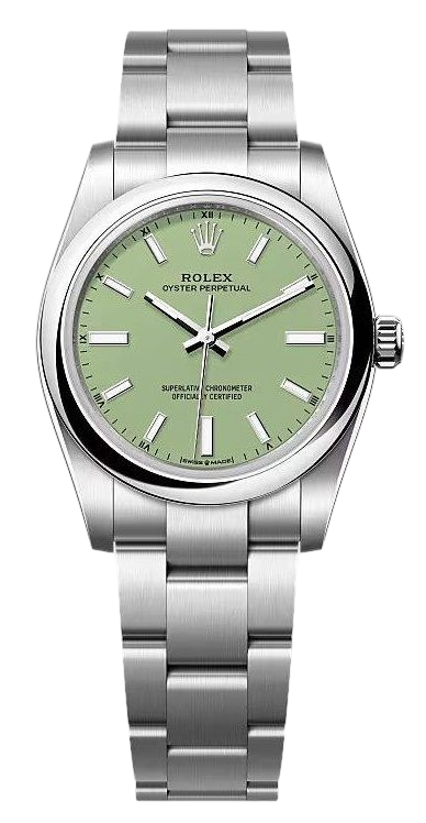 Rolex Oyster Perpetual stainless steel wristwatch with a light green dial and silver hour markers.