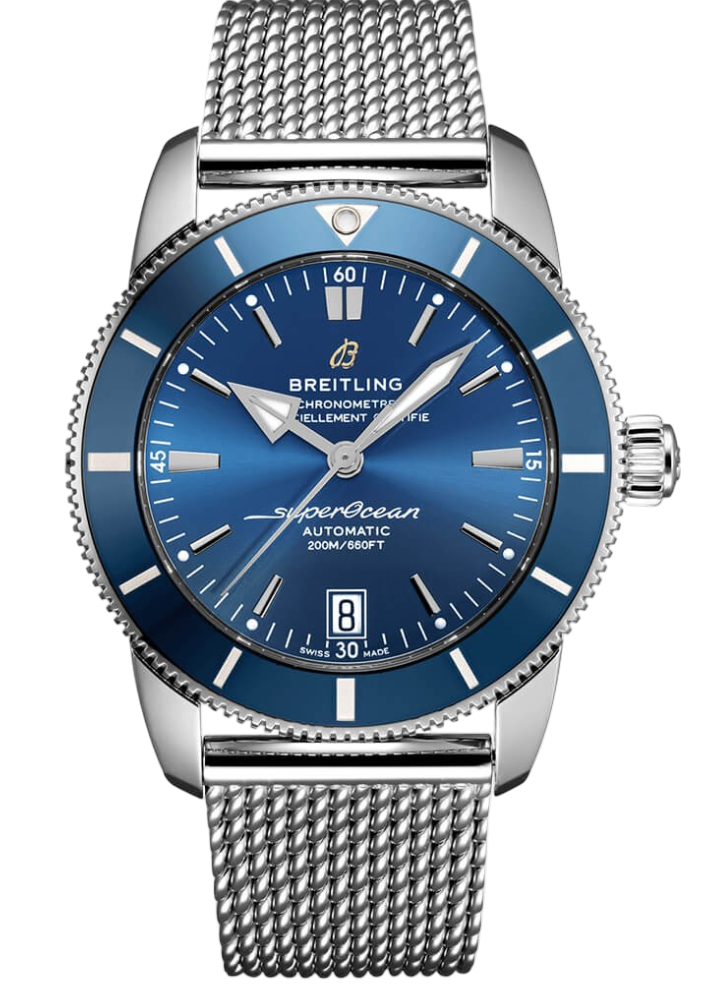 Breitling SuperOcean automatic wristwatch with a blue sunburst dial, stainless steel case and mesh bracelet, date window at 6 o'clock, 200m water resistance.