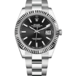 Rolex Oyster Perpetual Datejust stainless steel watch with black dial, date window at 3, and fluted bezel.