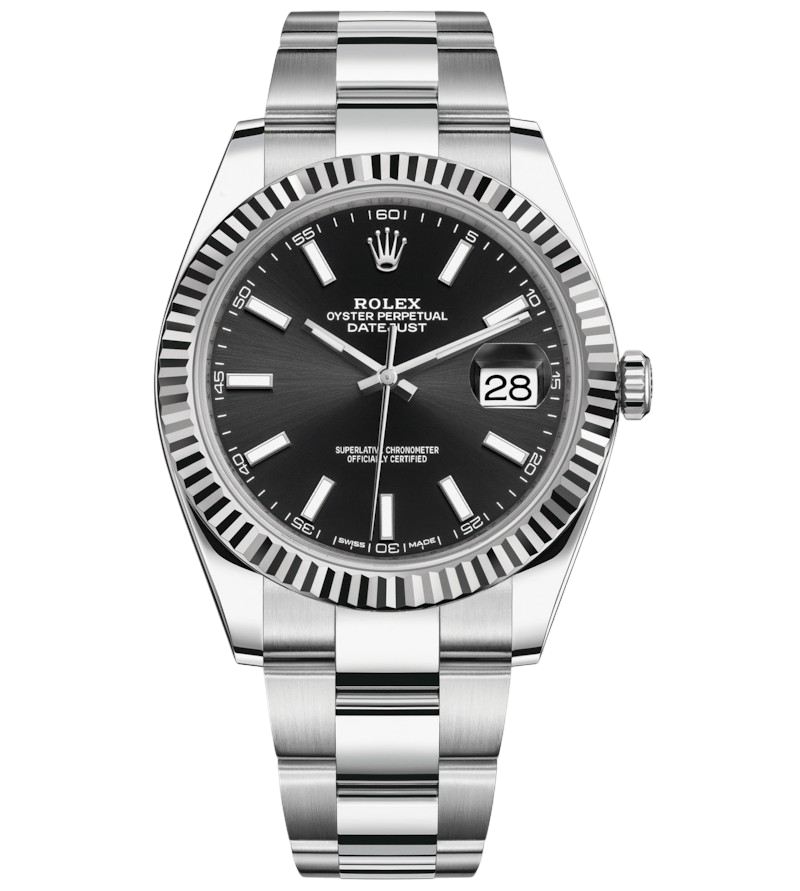 Rolex Oyster Perpetual Datejust stainless steel watch with black dial, date window at 3, and fluted bezel.