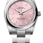 Rolex Oyster Perpetual stainless steel watch with a pink dial and bracelet.