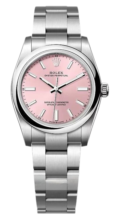 Rolex Oyster Perpetual stainless steel watch with a pink dial and bracelet.