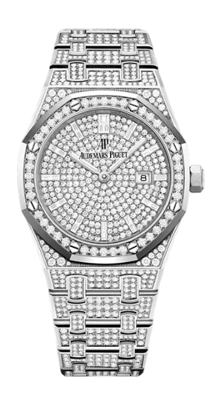 Diamond-encrusted Audemars Piguet wristwatch with a pavé dial, diamond-studded bracelet, and date window on a black background