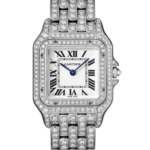 Cartier square diamond-encrusted wristwatch with Roman numerals and blue sword hands.
