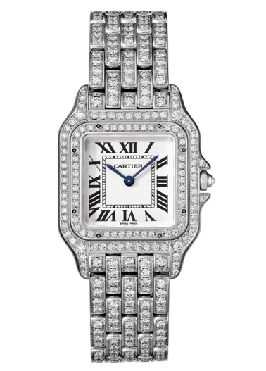 Cartier square diamond-encrusted wristwatch with Roman numerals and blue sword hands.