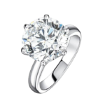 Silver ring with a large round-cut diamond solitaire on a black background