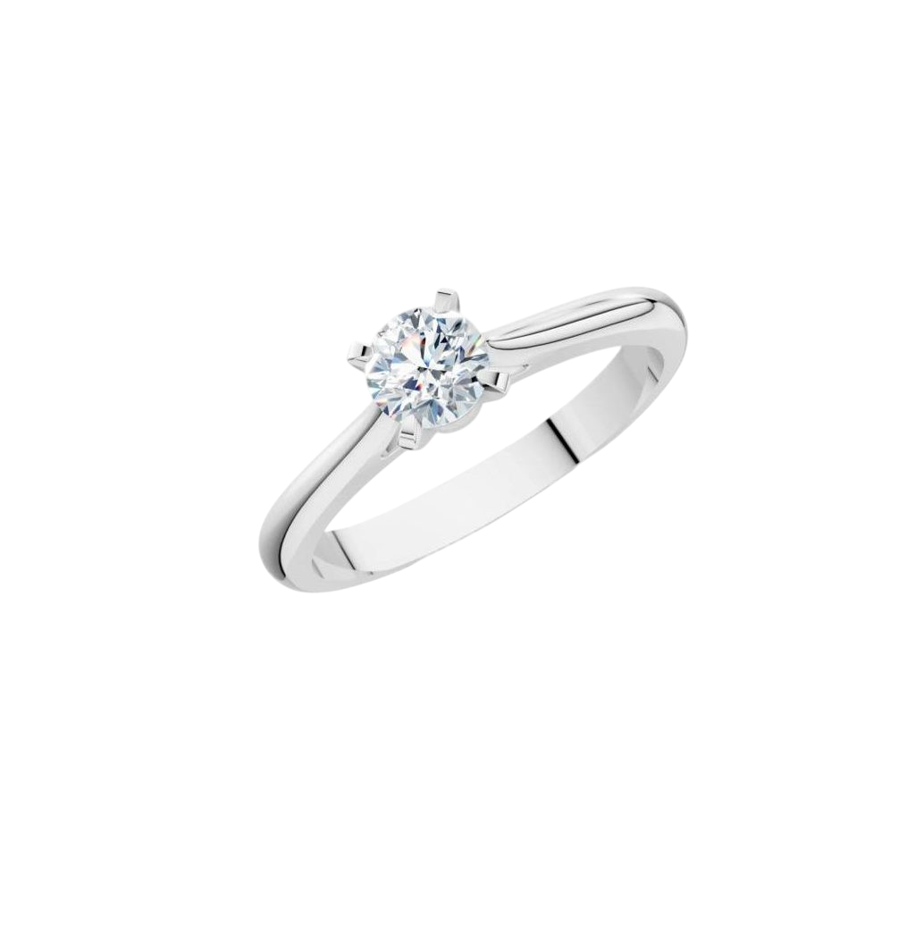 Solitaire diamond ring in a white metal band with prong setting on a black background, showing a single round-cut diamond.
