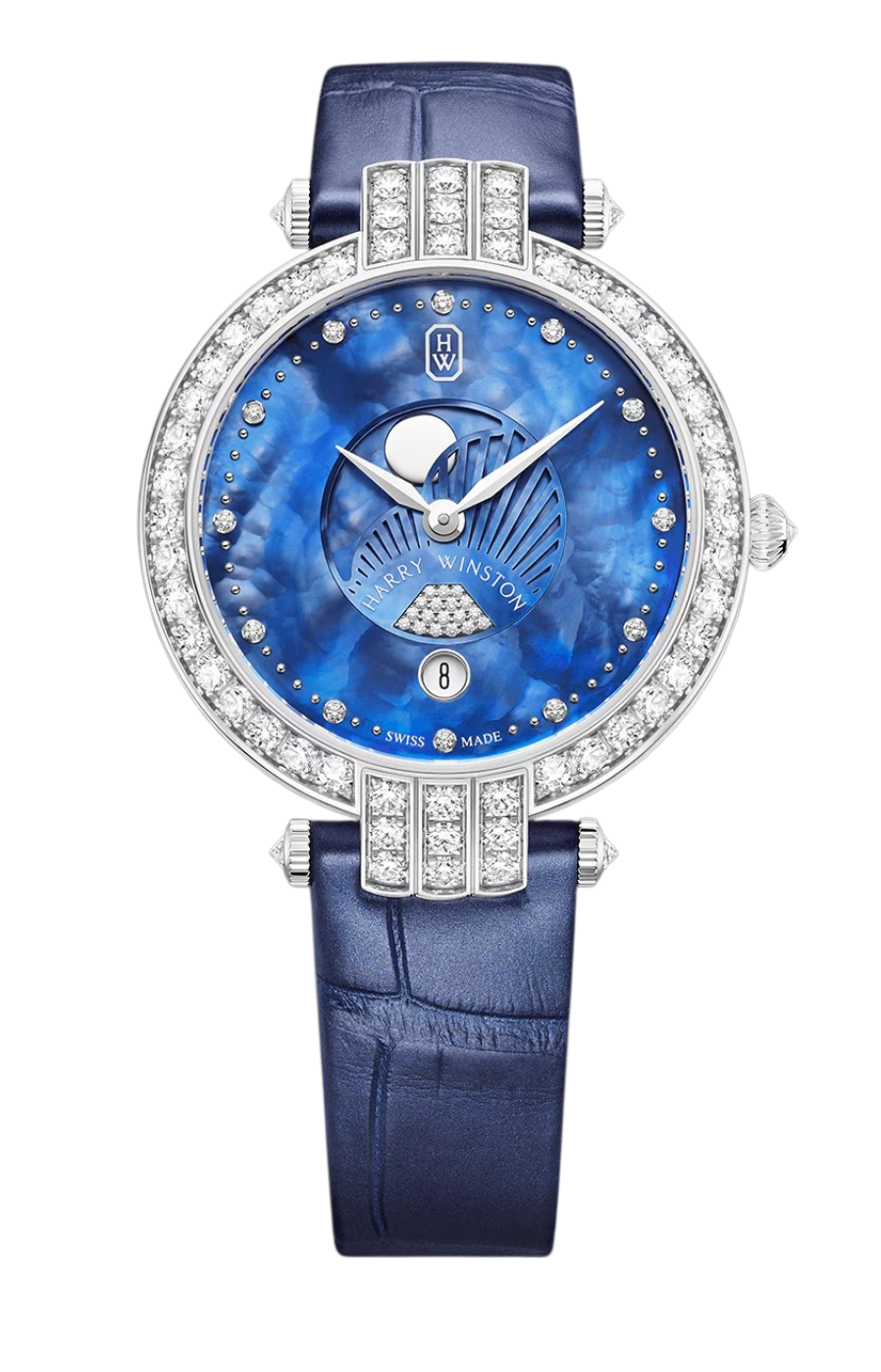 Blue dial Harry Winston watch with a diamond-encrusted bezel, moon phase display, and blue leather strap