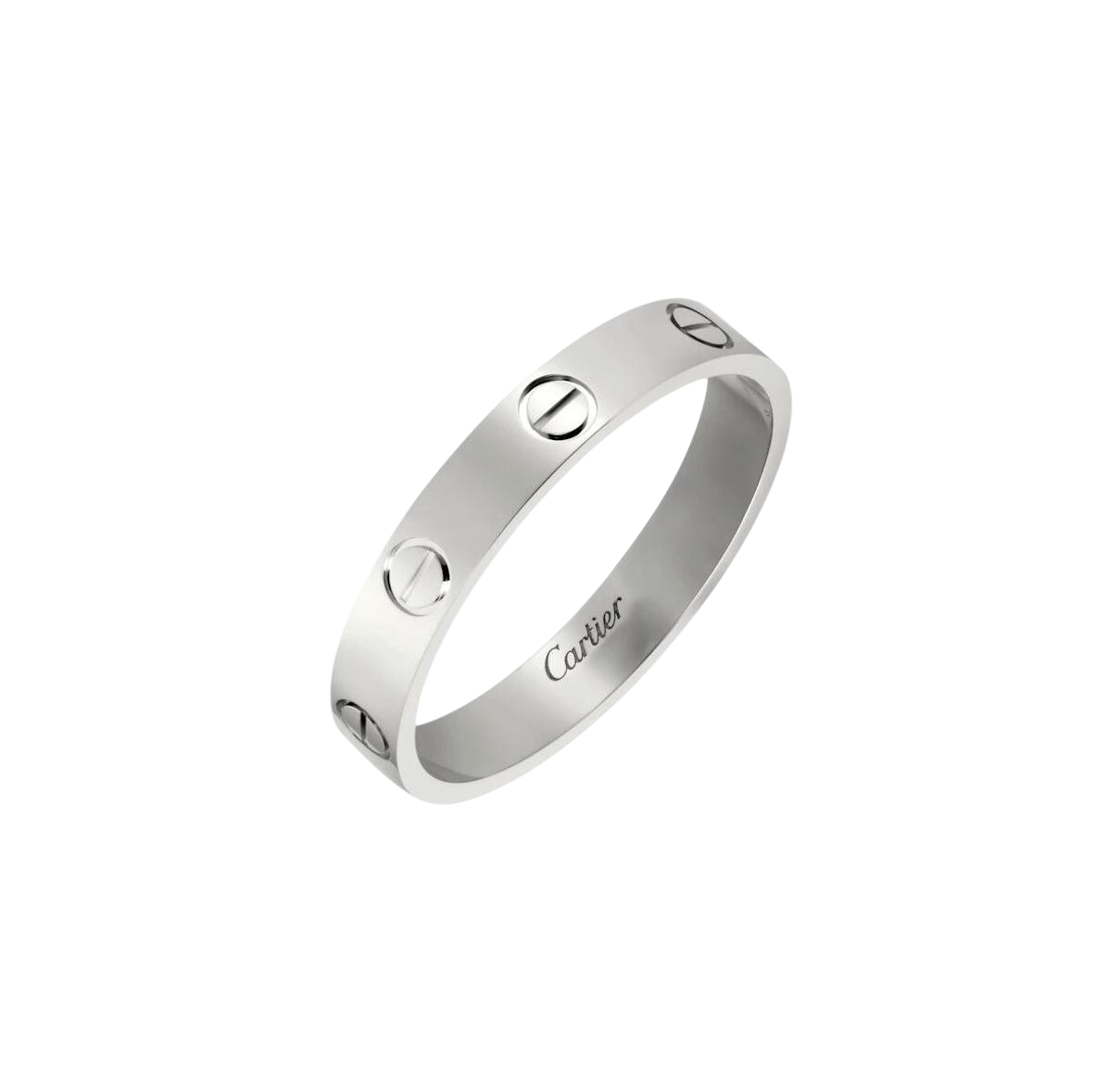 Silver Cartier Love bracelet with visible screw motifs on a black background, angled to show curvature.