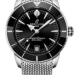 Breitling Superocean stainless steel mesh-band dive watch with black bezel, black dial, date window at 6, 200m water resistance