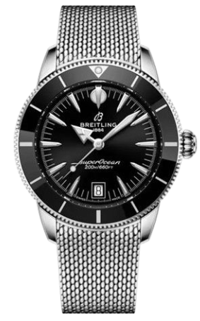Breitling Superocean stainless steel mesh-band dive watch with black bezel, black dial, date window at 6, 200m water resistance