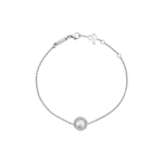 Silver bracelet with a round, diamond-encrusted pendant at the center and a lobster claw clasp.