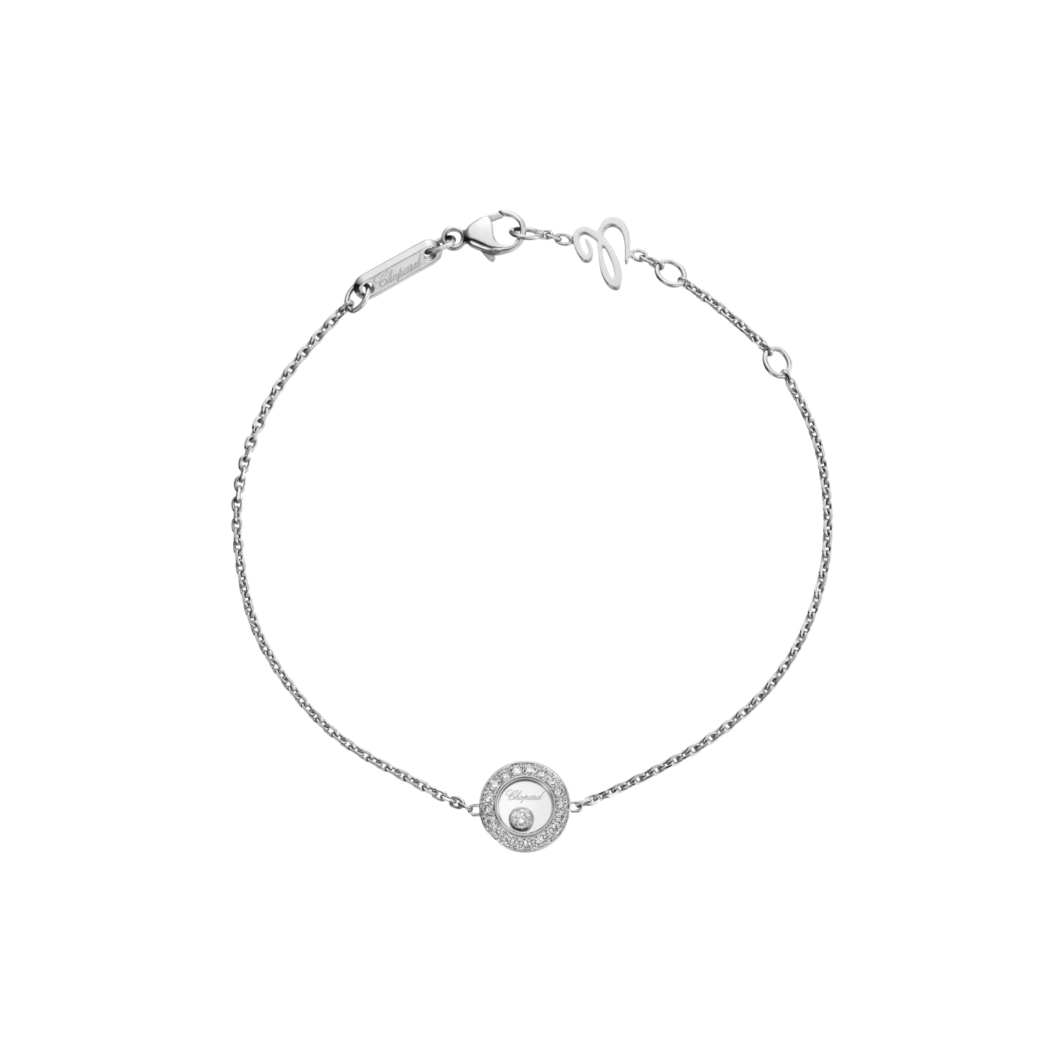 Silver bracelet with a round, diamond-encrusted pendant at the center and a lobster claw clasp.