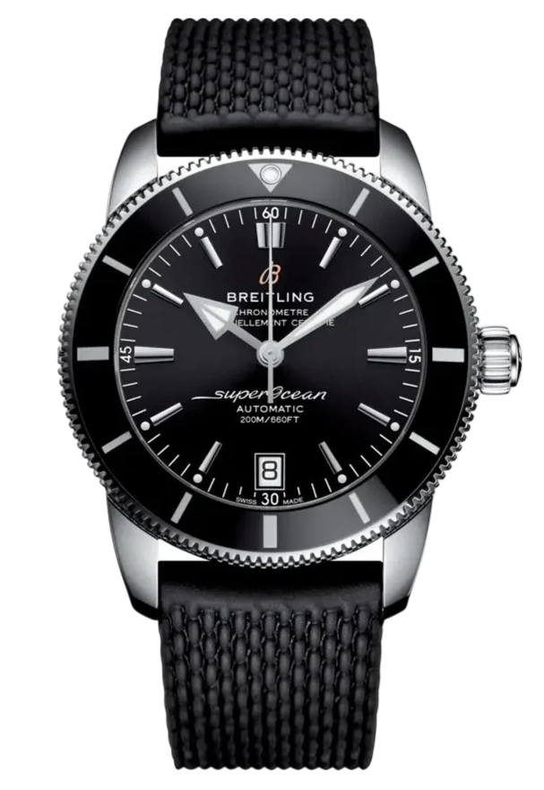 Breitling Superocean automatic wristwatch with black dial, date window, and textured black strap on a dark background.