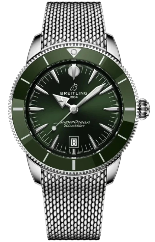 Breitling SuperOcean watch with green bezel, stainless steel mesh bracelet, dark green dial, date at 6, 200m water resistant.