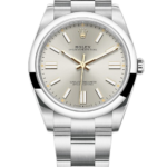 Rolex Oyster Perpetual stainless steel watch with a silver dial and gold hour markers on a black background