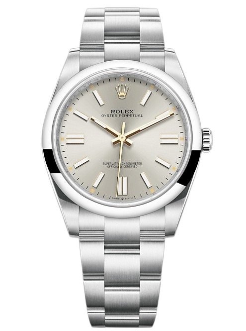 Rolex Oyster Perpetual stainless steel watch with a silver dial and gold hour markers on a black background
