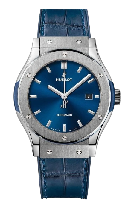 Hublot automatic wristwatch with blue sunburst dial, stainless steel case, and blue leather strap.