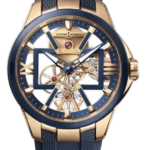Skeleton wristwatch with a blue and gold case and blue strap on a black background.