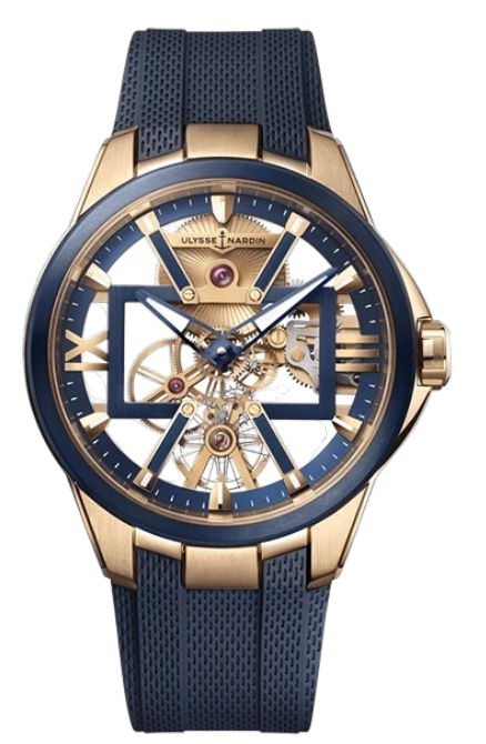 Skeleton wristwatch with a blue and gold case and blue strap on a black background.